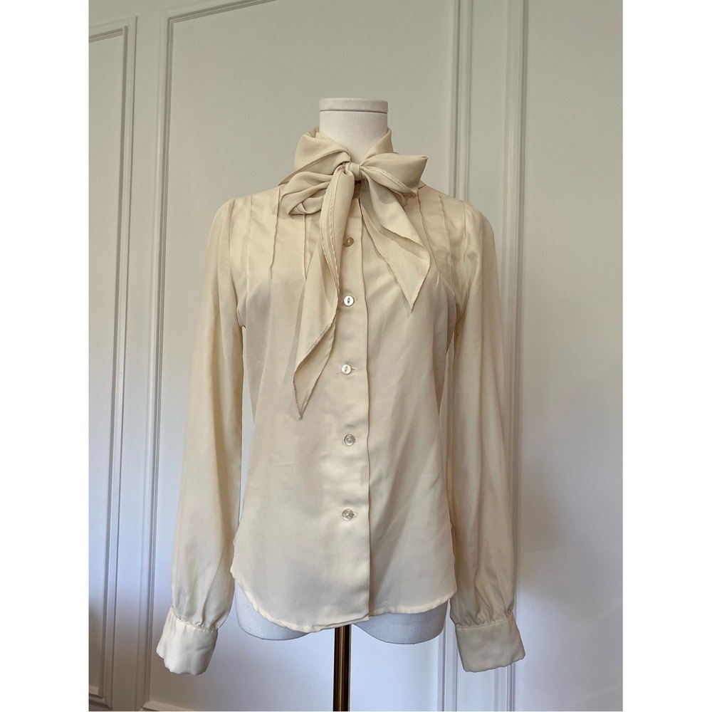 Vintage Modes Bilboquet Cream Tie Neck Bow Blouse Pintuck Scarf Shirt Canada S